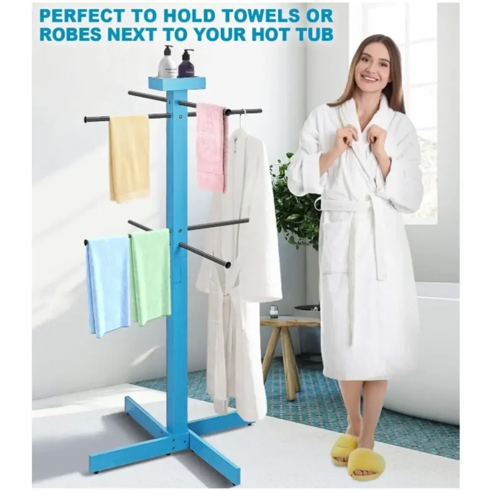 Outdoor Pool Towel Rack 53” Wood Stand 4 Adjustable Bars Blue Open Box